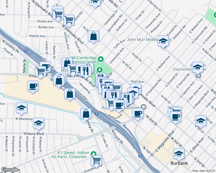 map of restaurants, bars, coffee shops, grocery stores, and more near 231 Bethany Road in Burbank