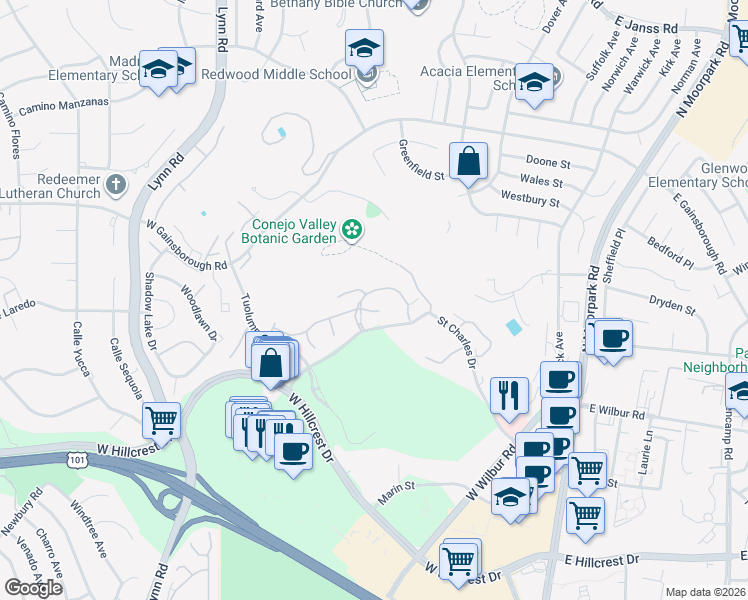map of restaurants, bars, coffee shops, grocery stores, and more near 291 Sequoia Court in Thousand Oaks