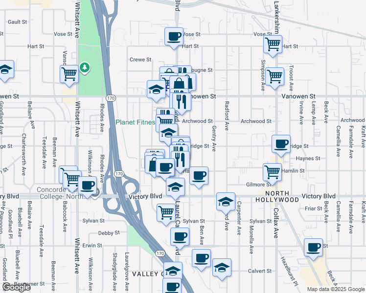 map of restaurants, bars, coffee shops, grocery stores, and more near 11063 Kittridge Street in Los Angeles