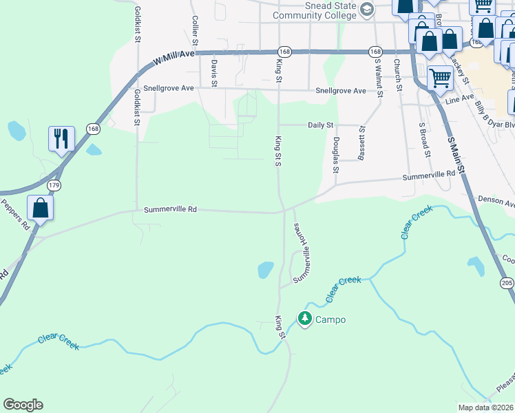 map of restaurants, bars, coffee shops, grocery stores, and more near 526 King Street in Boaz