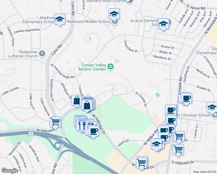 map of restaurants, bars, coffee shops, grocery stores, and more near 351 Chestnut Hill Court in Thousand Oaks