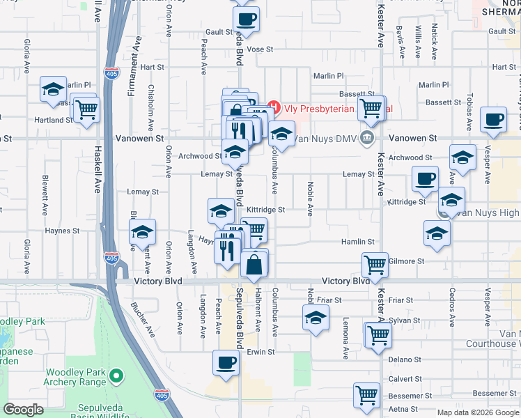map of restaurants, bars, coffee shops, grocery stores, and more near 6628 Sepulveda Boulevard in Los Angeles