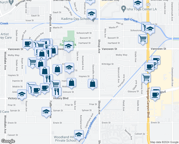 map of restaurants, bars, coffee shops, grocery stores, and more near 22444 Criswell Street in Los Angeles