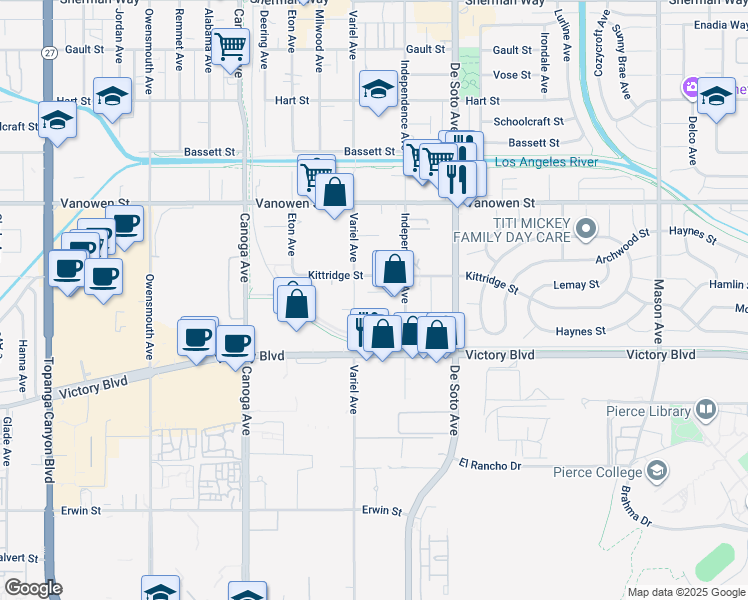 map of restaurants, bars, coffee shops, grocery stores, and more near 6606 Variel Avenue in Los Angeles