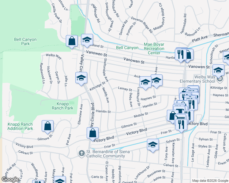 map of restaurants, bars, coffee shops, grocery stores, and more near 6613 Sheltondale Avenue in Los Angeles