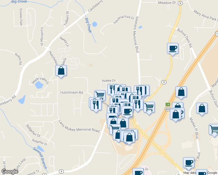 map of restaurants, bars, coffee shops, grocery stores, and more near 355 Azalea Circle in Cumming