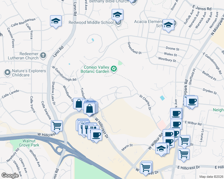map of restaurants, bars, coffee shops, grocery stores, and more near 324 Chestnut Hill Court in Thousand Oaks