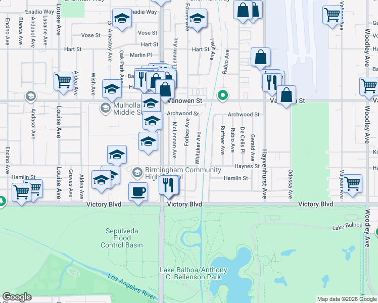 map of restaurants, bars, coffee shops, grocery stores, and more near 6619 Whitaker Avenue in Los Angeles