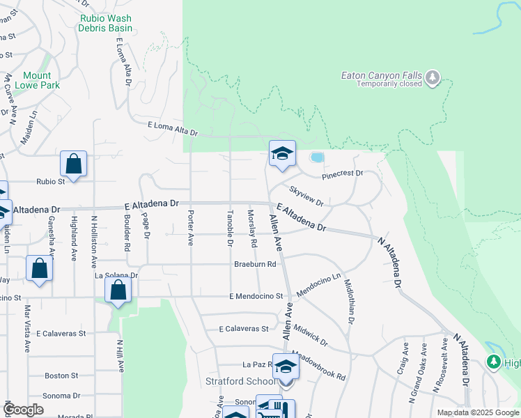 map of restaurants, bars, coffee shops, grocery stores, and more near 1825 East Altadena Drive in Altadena