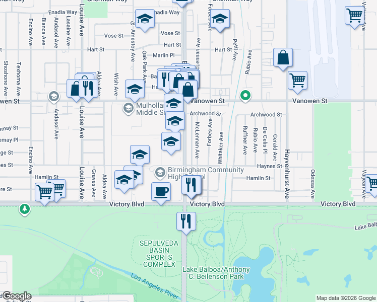 map of restaurants, bars, coffee shops, grocery stores, and more near 6649 Balboa Boulevard in Los Angeles