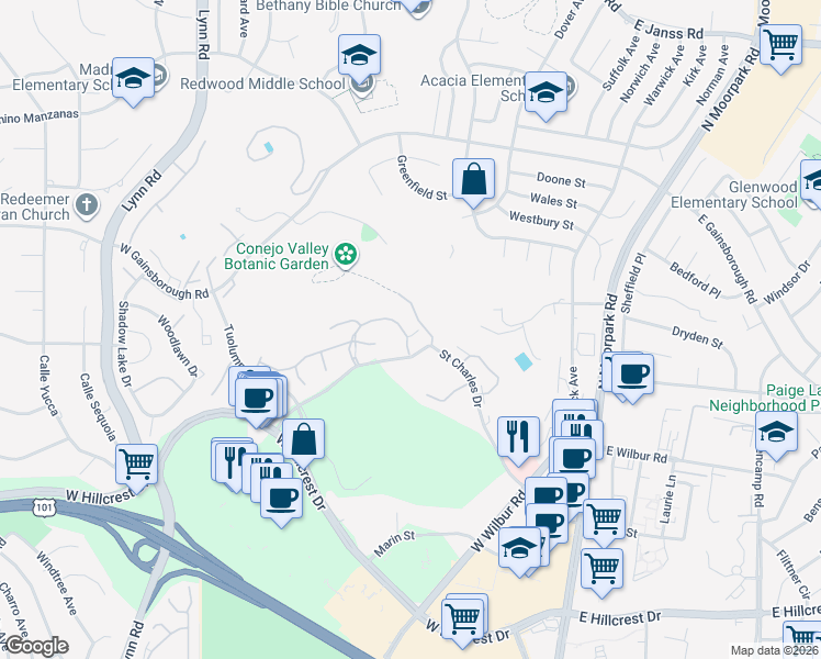 map of restaurants, bars, coffee shops, grocery stores, and more near 224 Oak Leaf Drive in Thousand Oaks