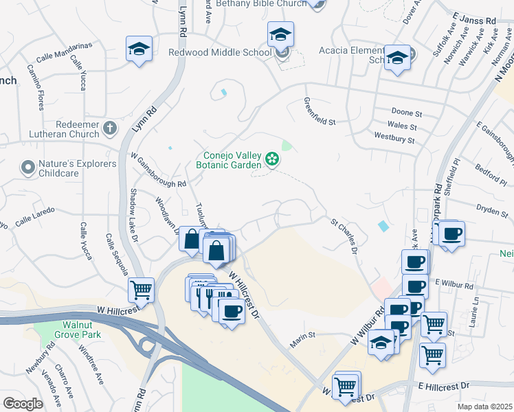 map of restaurants, bars, coffee shops, grocery stores, and more near 351 Chestnut Hill Court in Thousand Oaks