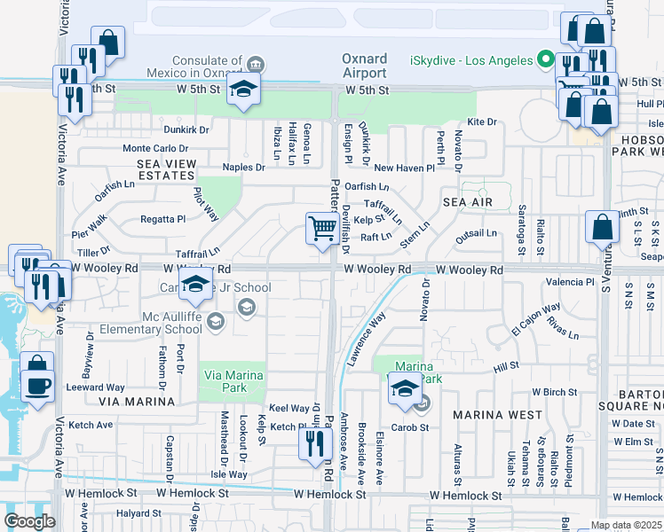 map of restaurants, bars, coffee shops, grocery stores, and more near West Wooley Road & South Patterson Road in Oxnard