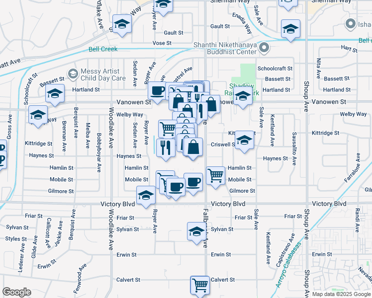map of restaurants, bars, coffee shops, grocery stores, and more near 6625 Fallbrook Avenue in Los Angeles