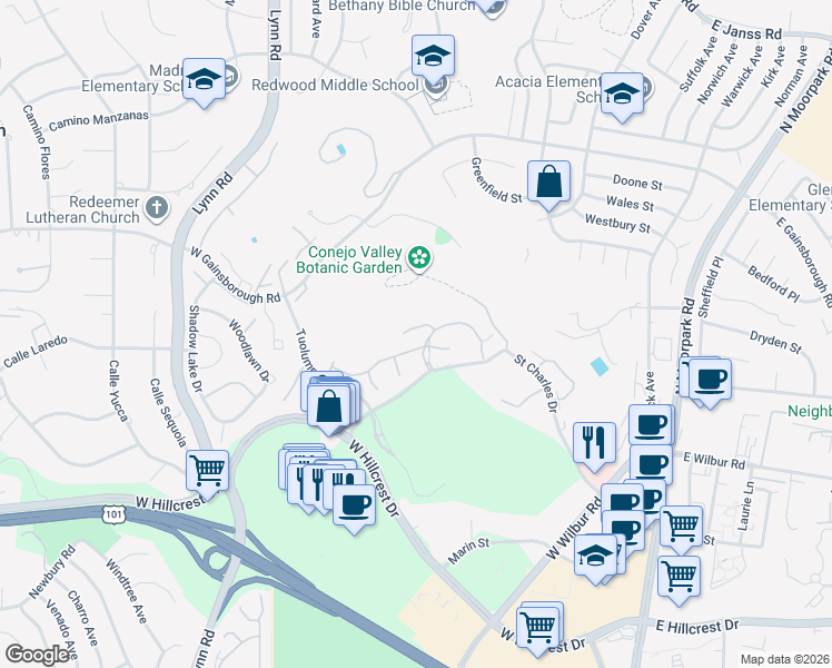 map of restaurants, bars, coffee shops, grocery stores, and more near 324 Chestnut Hill Court in Thousand Oaks