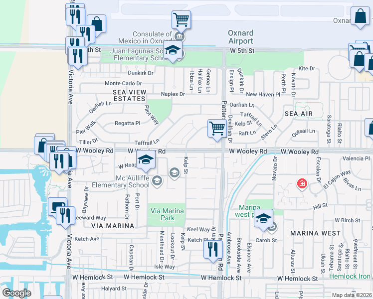 map of restaurants, bars, coffee shops, grocery stores, and more near 1020 Kelp Ln in Oxnard