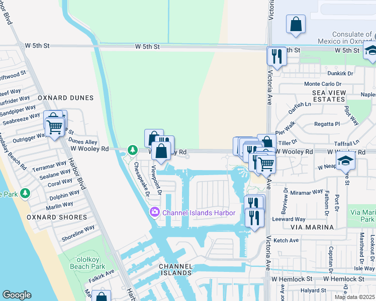 map of restaurants, bars, coffee shops, grocery stores, and more near West Wooley Road & Tradewinds Drive in Oxnard