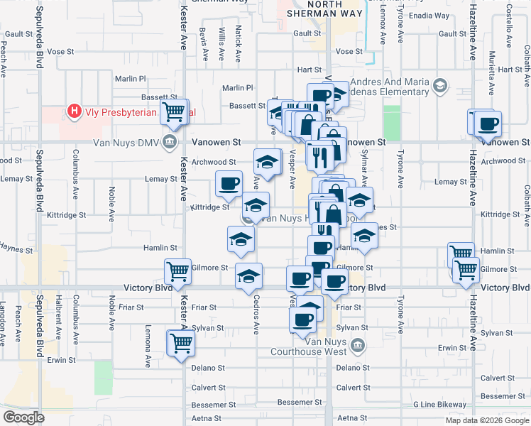 map of restaurants, bars, coffee shops, grocery stores, and more near 14646 Kittridge Street in Los Angeles