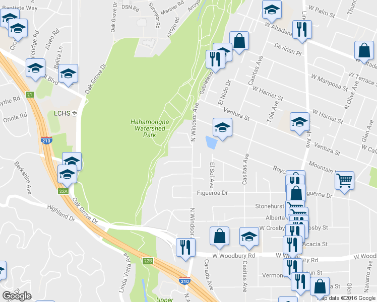 map of restaurants, bars, coffee shops, grocery stores, and more near 2603 North Windsor Avenue in Altadena