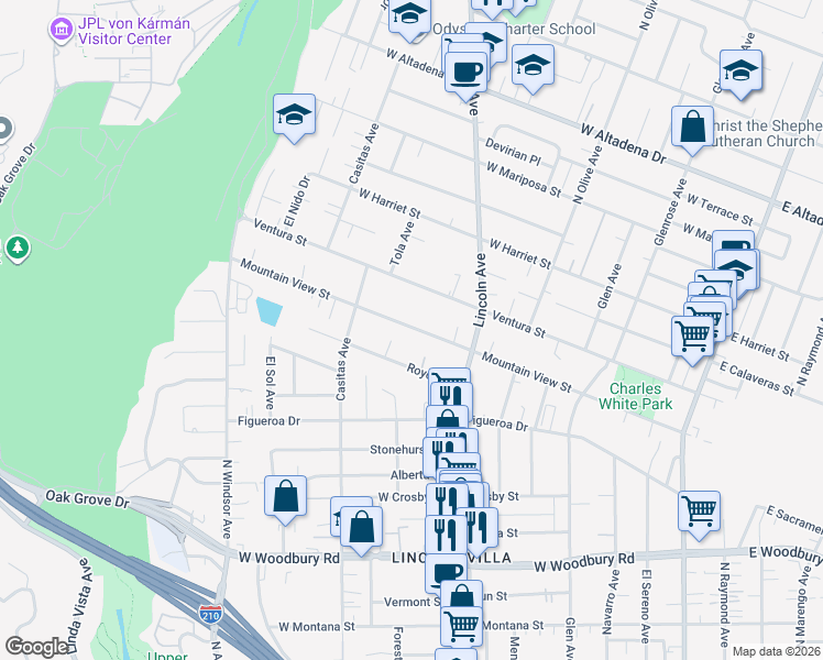 map of restaurants, bars, coffee shops, grocery stores, and more near 538 Mountain View Street in Altadena