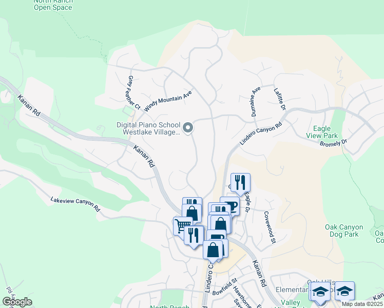 map of restaurants, bars, coffee shops, grocery stores, and more near 1511 Pathfinder Avenue in Westlake Village