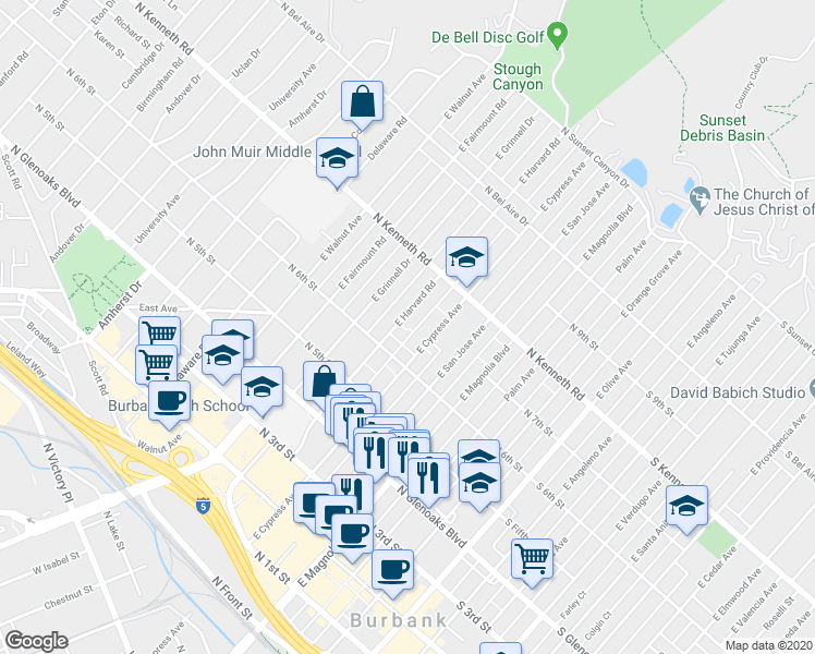 map of restaurants, bars, coffee shops, grocery stores, and more near 704 East Harvard Road in Burbank