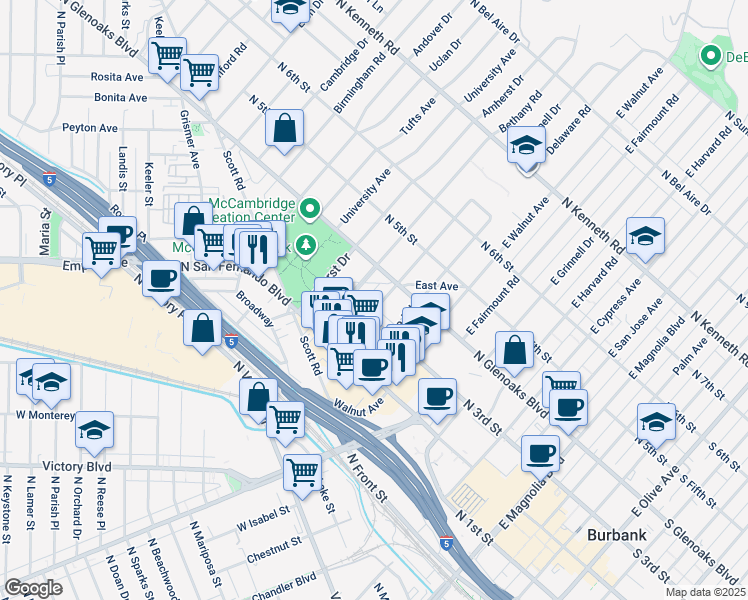 map of restaurants, bars, coffee shops, grocery stores, and more near 316 Bethany Road in Burbank