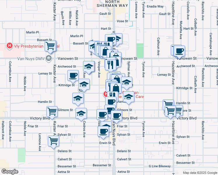 map of restaurants, bars, coffee shops, grocery stores, and more near 6609 Van Nuys Boulevard in Los Angeles