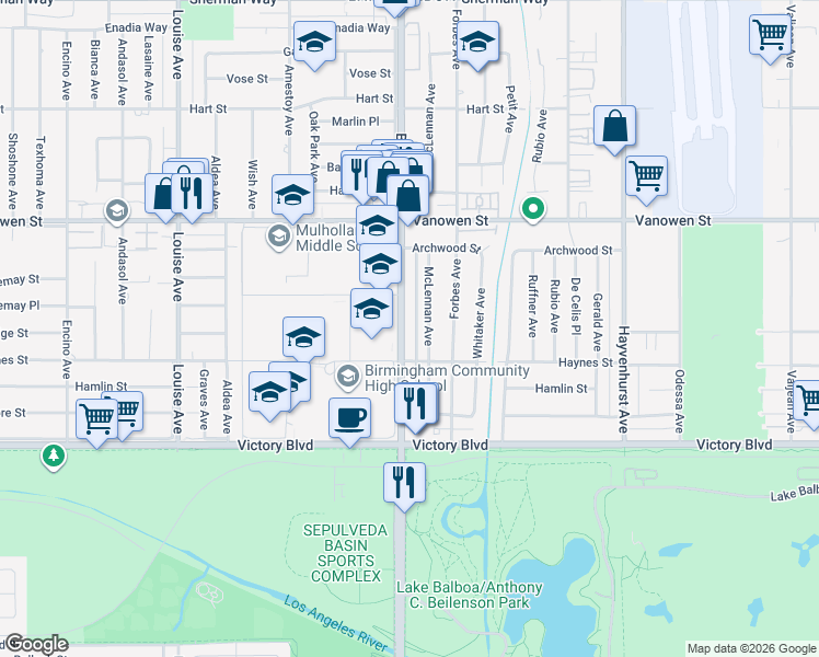 map of restaurants, bars, coffee shops, grocery stores, and more near 6649 Balboa Boulevard in Los Angeles