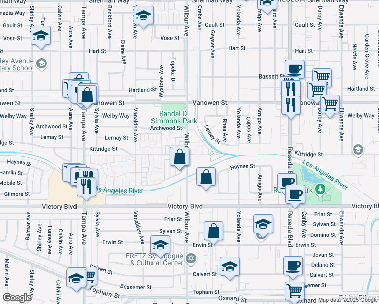map of restaurants, bars, coffee shops, grocery stores, and more near 6634 Wilbur Avenue in Los Angeles