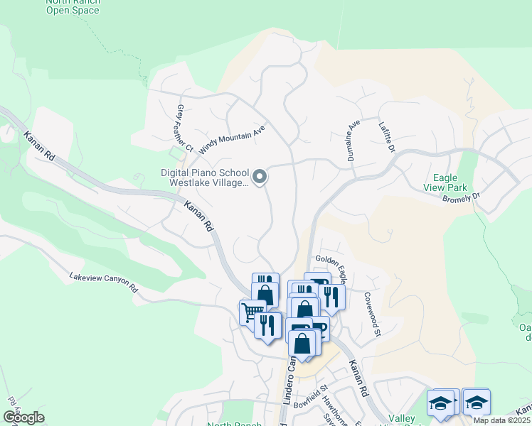 map of restaurants, bars, coffee shops, grocery stores, and more near 1511 Pathfinder Avenue in Westlake Village