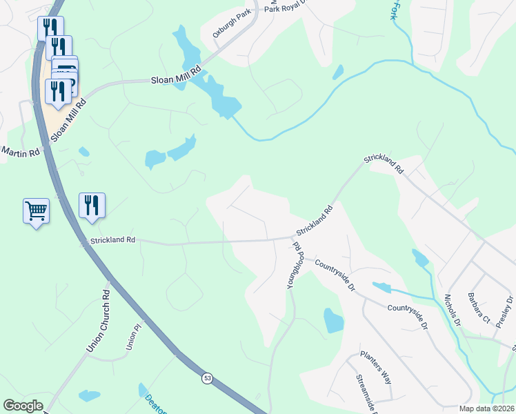 map of restaurants, bars, coffee shops, grocery stores, and more near 4530 Cash Drive in Flowery Branch