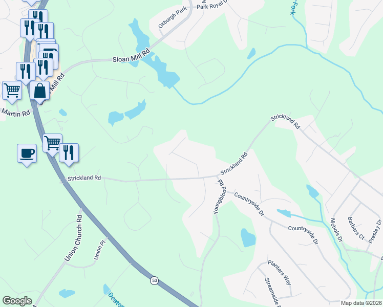 map of restaurants, bars, coffee shops, grocery stores, and more near 4530 Cash Dr in Flowery Branch