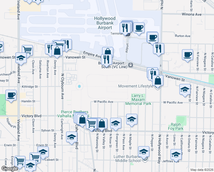 map of restaurants, bars, coffee shops, grocery stores, and more near 10621 Victory Boulevard in Los Angeles