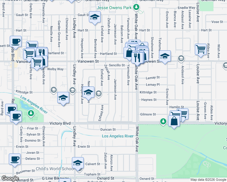 map of restaurants, bars, coffee shops, grocery stores, and more near 6624 Zelzah Avenue in Los Angeles