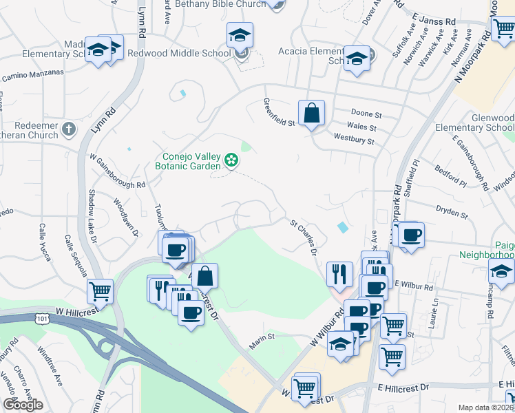 map of restaurants, bars, coffee shops, grocery stores, and more near 245 Oak Leaf Drive in Thousand Oaks