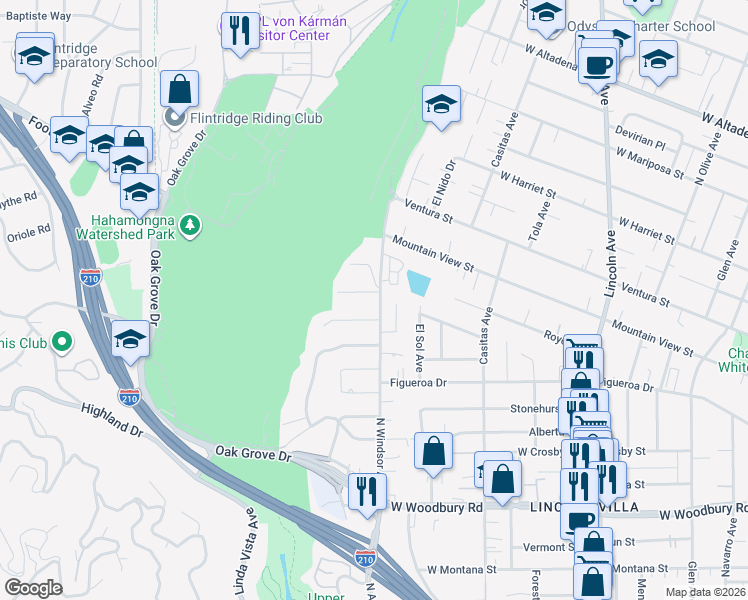 map of restaurants, bars, coffee shops, grocery stores, and more near 2603 North Windsor Avenue in Altadena