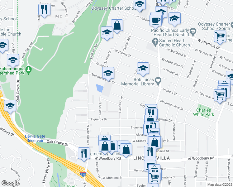 map of restaurants, bars, coffee shops, grocery stores, and more near 693 Royce Street in Altadena