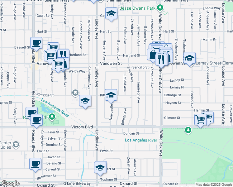 map of restaurants, bars, coffee shops, grocery stores, and more near 6601 Bertrand Avenue in Los Angeles