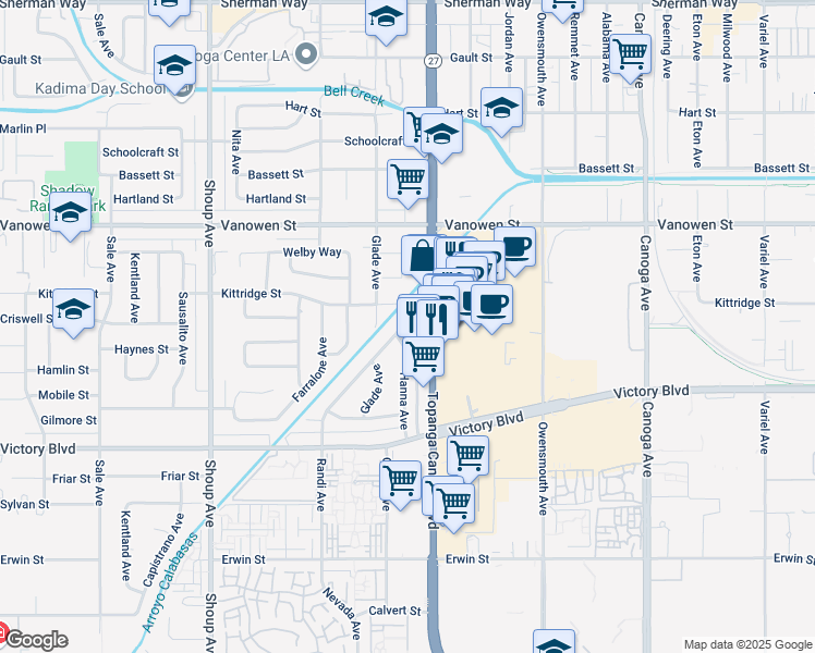 map of restaurants, bars, coffee shops, grocery stores, and more near 6633 Topanga Canyon Boulevard in Los Angeles