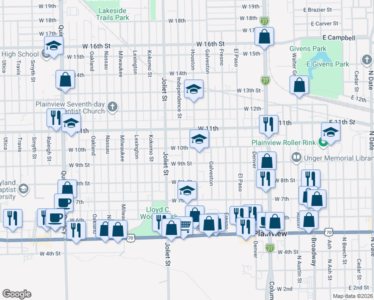map of restaurants, bars, coffee shops, grocery stores, and more near 1005 Houston St in Plainview