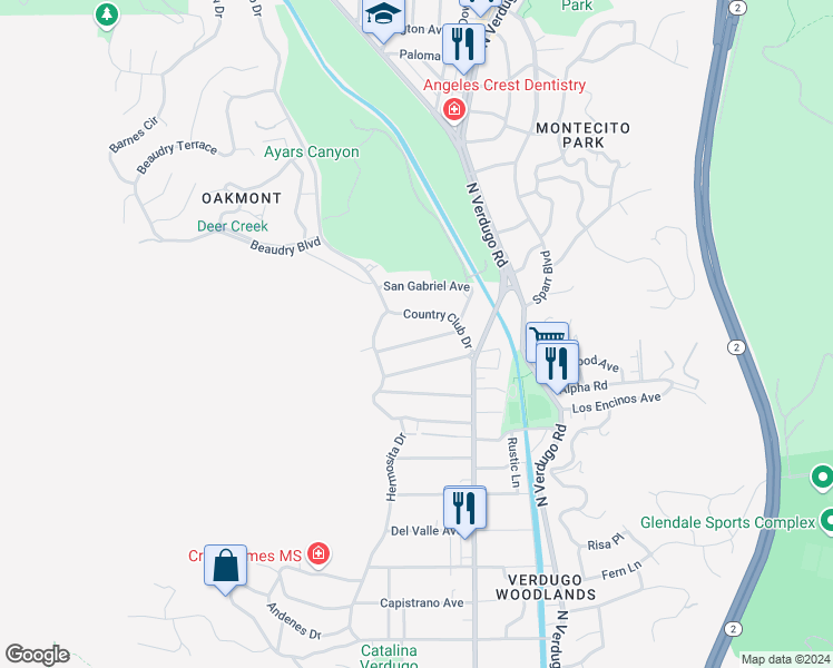 map of restaurants, bars, coffee shops, grocery stores, and more near 1637 Santa Rosa Avenue in Glendale