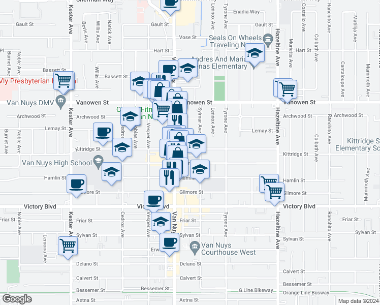 map of restaurants, bars, coffee shops, grocery stores, and more near 14420 Kittridge Street in Los Angeles