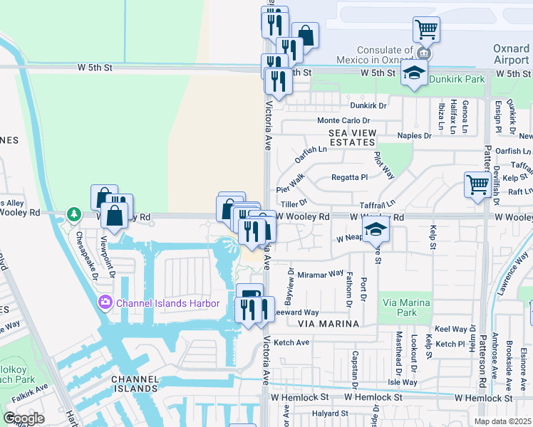 map of restaurants, bars, coffee shops, grocery stores, and more near Victoria Ave & W Wooley Rd in Oxnard