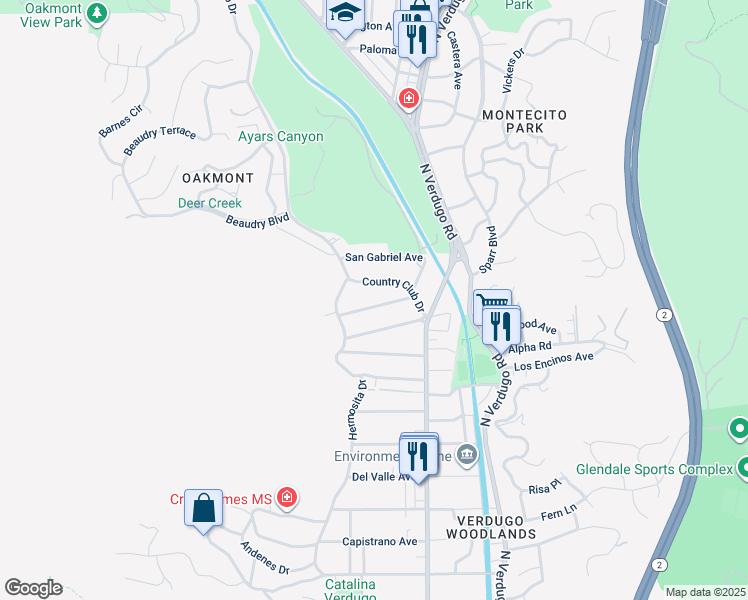 map of restaurants, bars, coffee shops, grocery stores, and more near 1637 Santa Rosa Avenue in Glendale