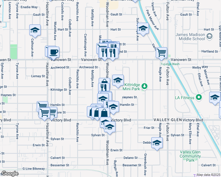 map of restaurants, bars, coffee shops, grocery stores, and more near 6624 Woodman Avenue in Los Angeles