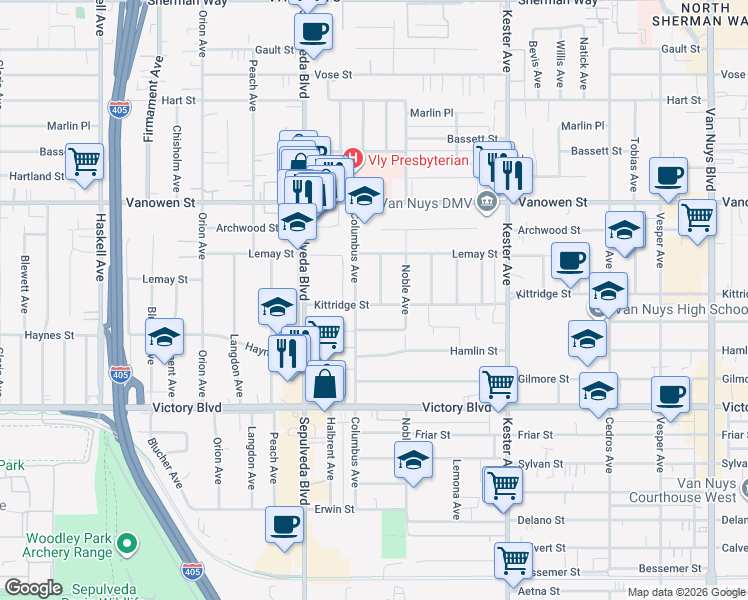 map of restaurants, bars, coffee shops, grocery stores, and more near 6601 Burnet Avenue in Los Angeles