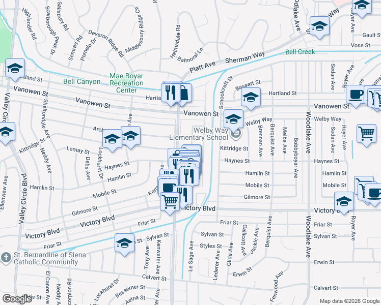 map of restaurants, bars, coffee shops, grocery stores, and more near 6621 Birchton Avenue in Los Angeles