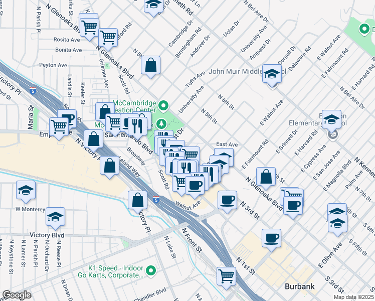map of restaurants, bars, coffee shops, grocery stores, and more near in Burbank