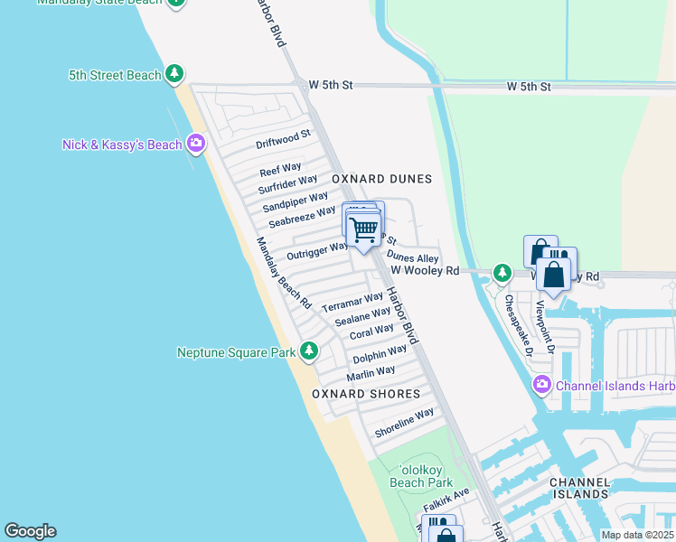 map of restaurants, bars, coffee shops, grocery stores, and more near 5125 West Wooley Road in Oxnard